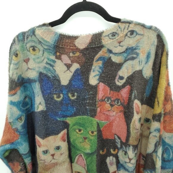 Cotton/Wool Oversized Cat Print Sweater OS Multicolor - Picture 11 of 16